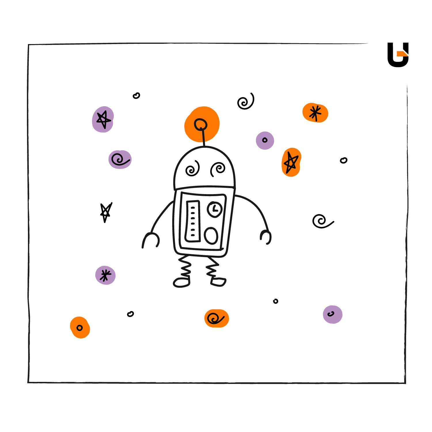 The painting depicts a minimalist, hand-drawn robot with a square head, cylindrical arms and legs, sitting with a neutral expression. Its eyes have a spiral pattern, suggesting a sense of contemplation or “lost in thought.” The robot is surrounded by floating abstract shapes in purple and orange, including stars, swirls and circles, giving it a whimsical, cosmic feel. The Univio logo is in the upper right corner of the image